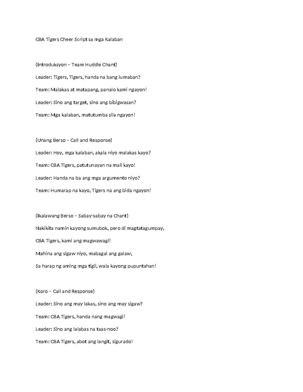 CBA Tigers Cheera - CBA tiger lyrics - CBA Tigers Cheer Script sa mga ...