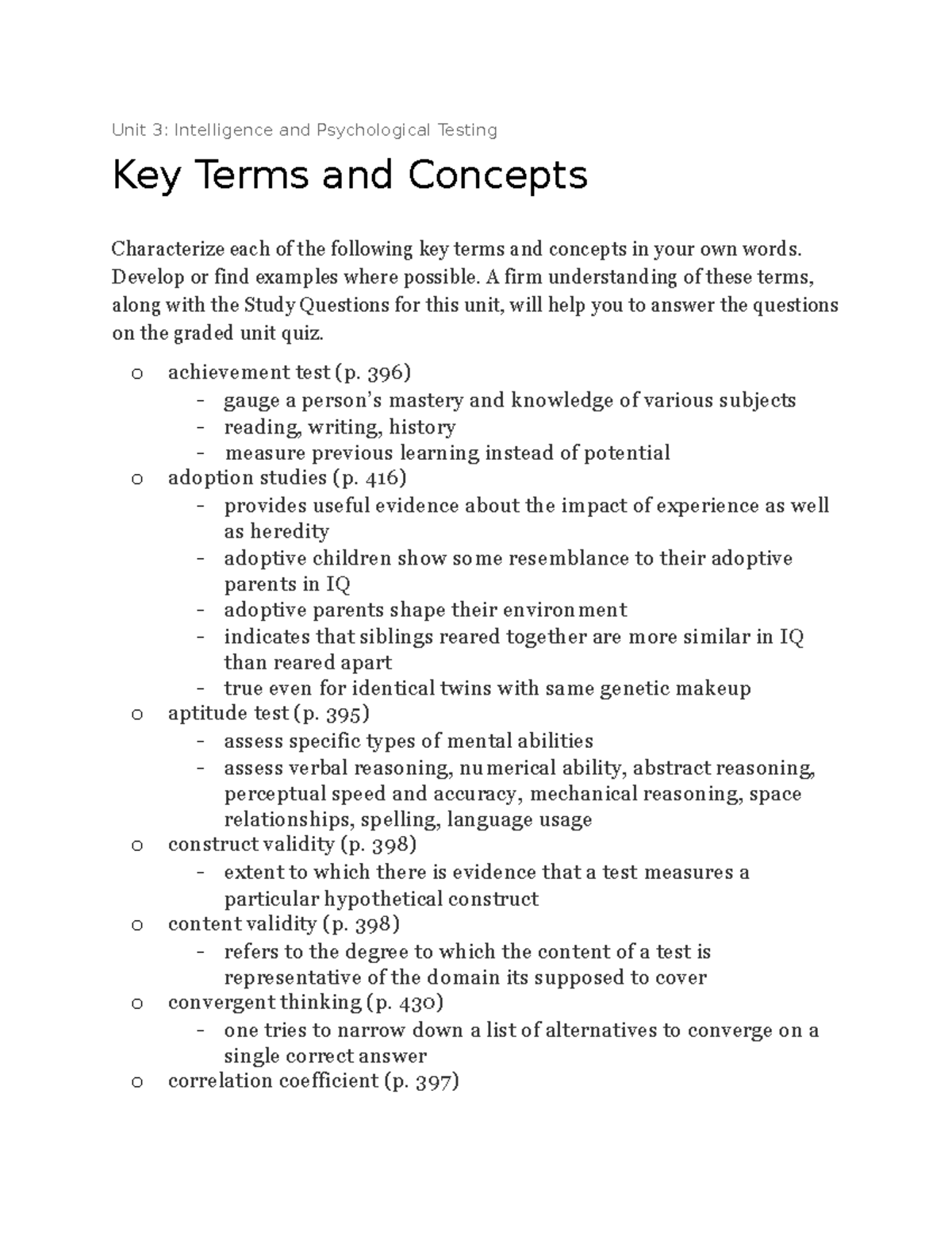 Unit 3 - notes - Unit 3: Intelligence and Psychological Testing Key ...