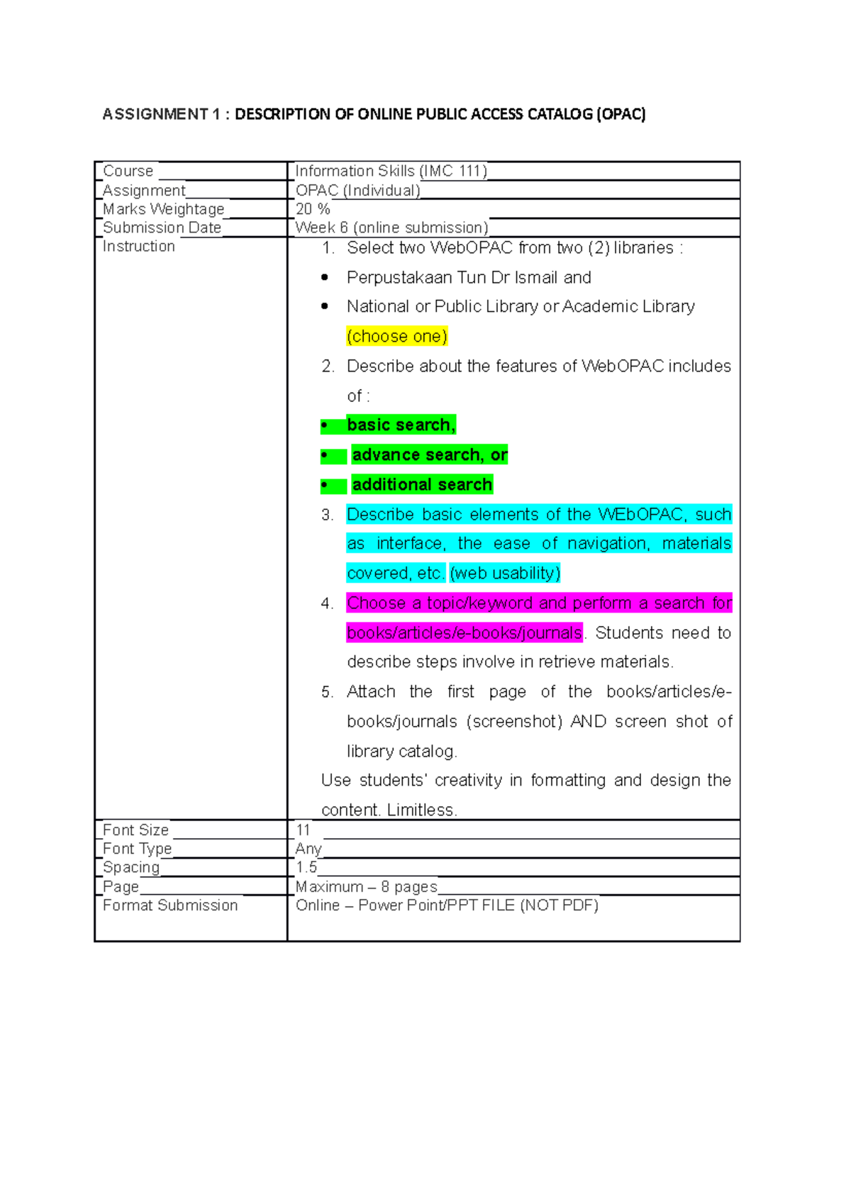 Assignment 1 - OPAC - OPAC - ASSIGNMENT 1 : DESCRIPTION OF ONLINE ...