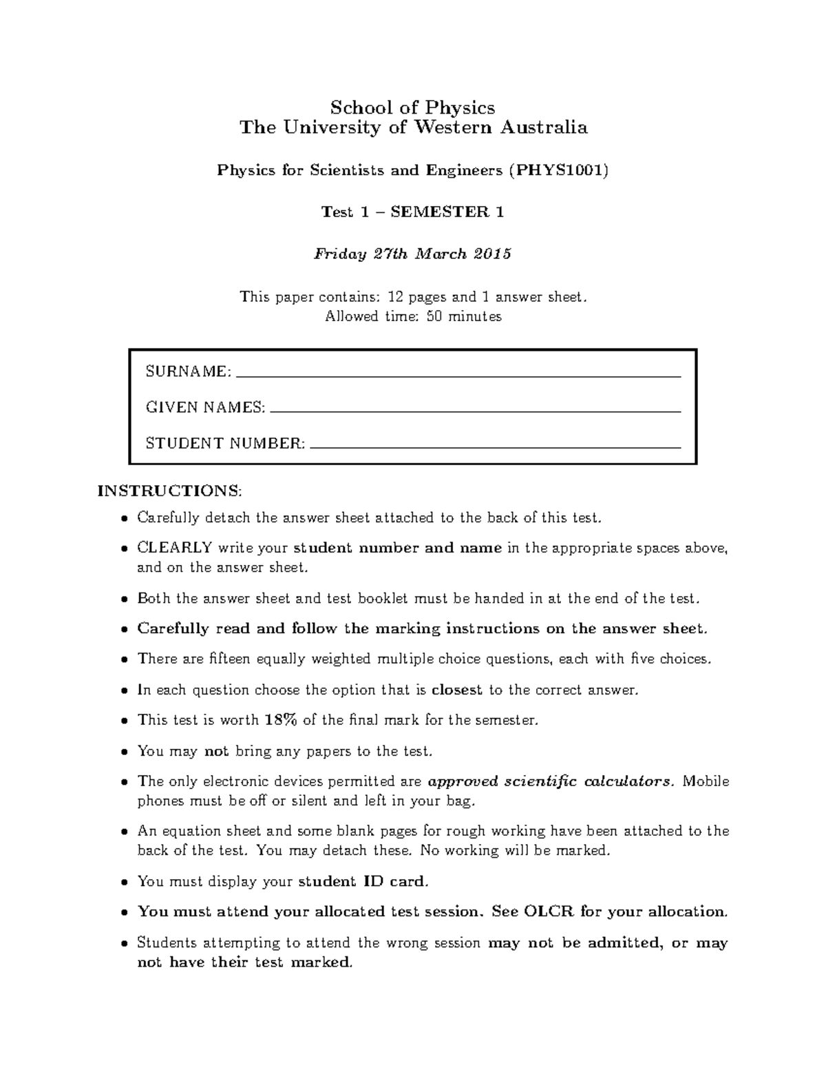 Exam 2015, questions - Physics for scientists and engineers - phys1001 ...
