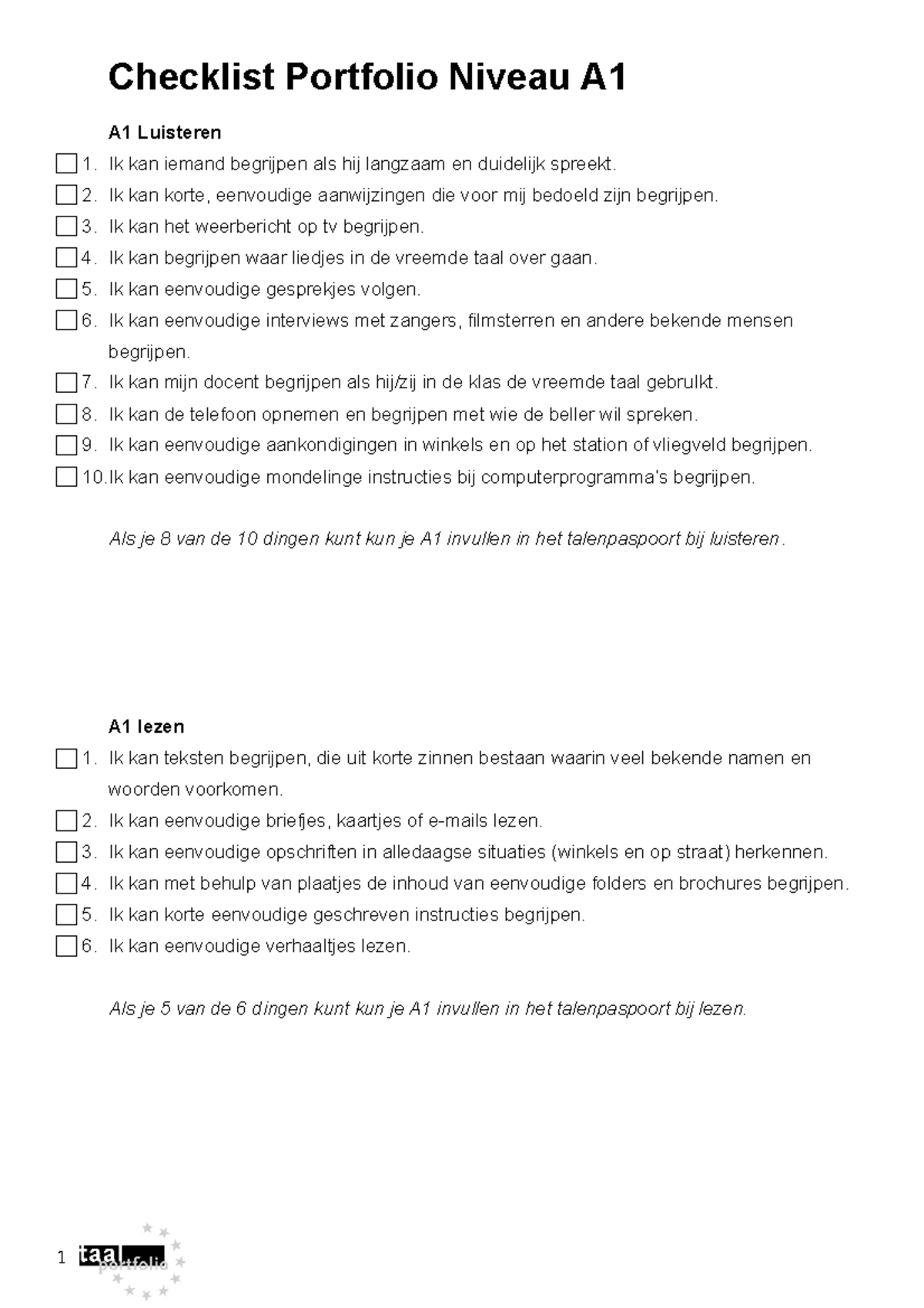 Checklists A1 herwerkt - Checklist Portfolio Niveau A A1 Luisteren Ik ...