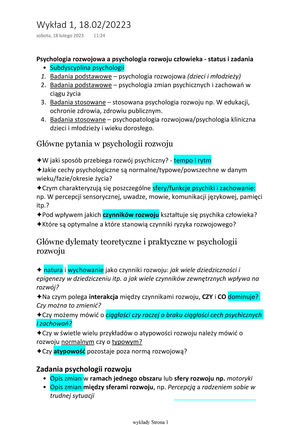 Rozwojowka Cwiczenia Wyklady 1 Semestr - Psychologia Rozwojowa A ...