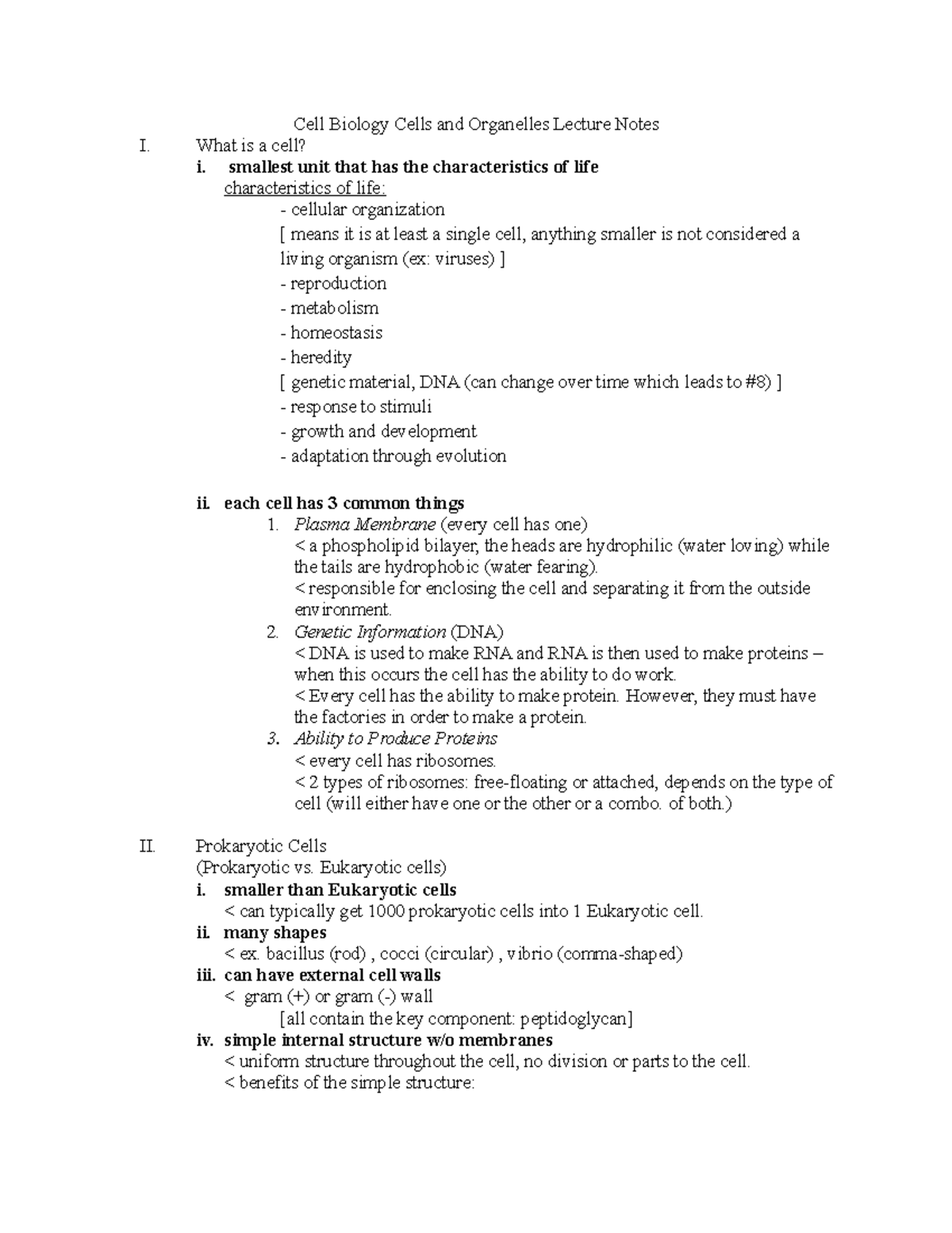 Cellular Organelles Lecture Notes Cell Biology Cells And Organelles