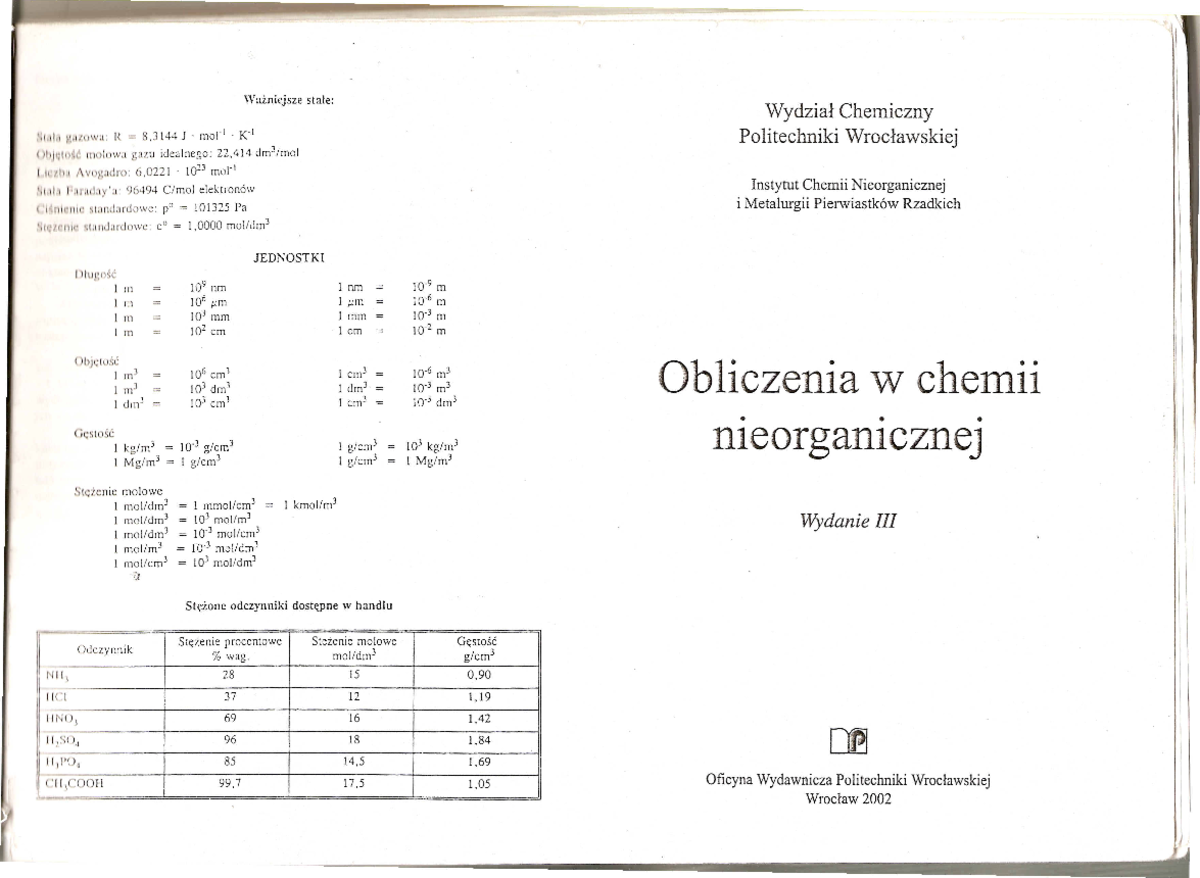chemia nieorganiczna, skrypt Obliczenia w chemii nieorganicznej PWr