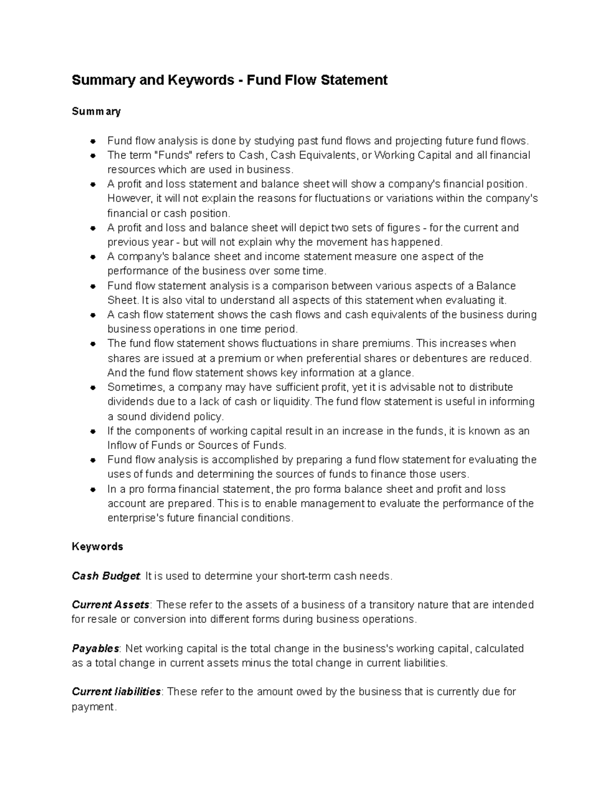 Summary and Keywords - Fund Flow Statement - Summary and Keywords ...