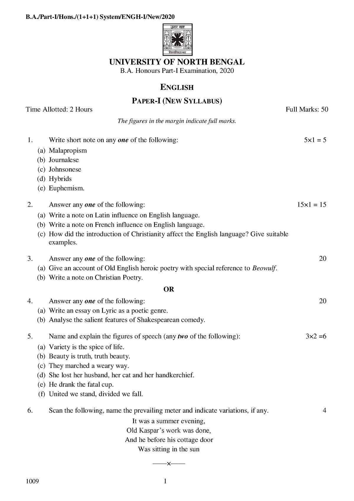 Enghons - Previous Years Question NBU - B./Part-I/Hons./(1+1+1) System ...