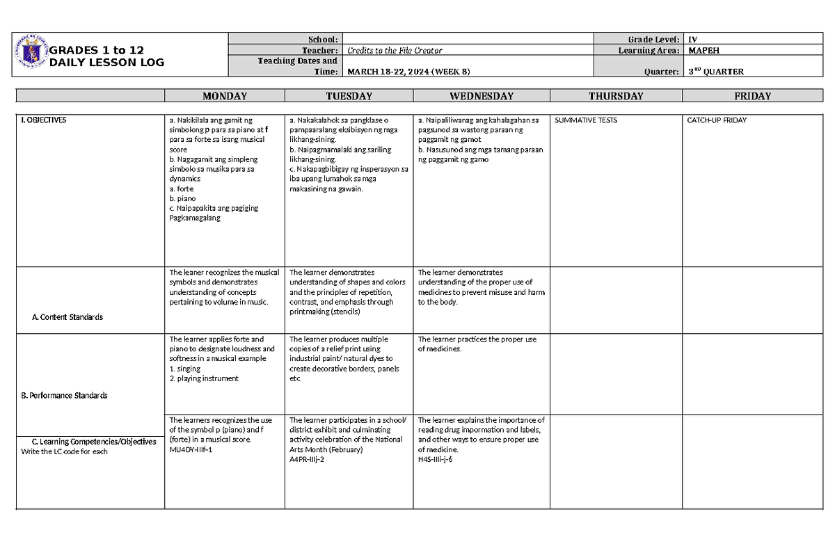 DLL Mapeh 4 Q3 W8 - GRADES 1 to 12 DAILY LESSON LOG School: Grade Level ...