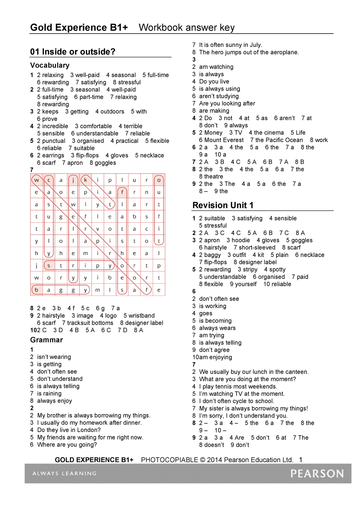 Gold Experience B1+. WB Answer Keys - 01 Inside Or Outside? Vocabulary ...