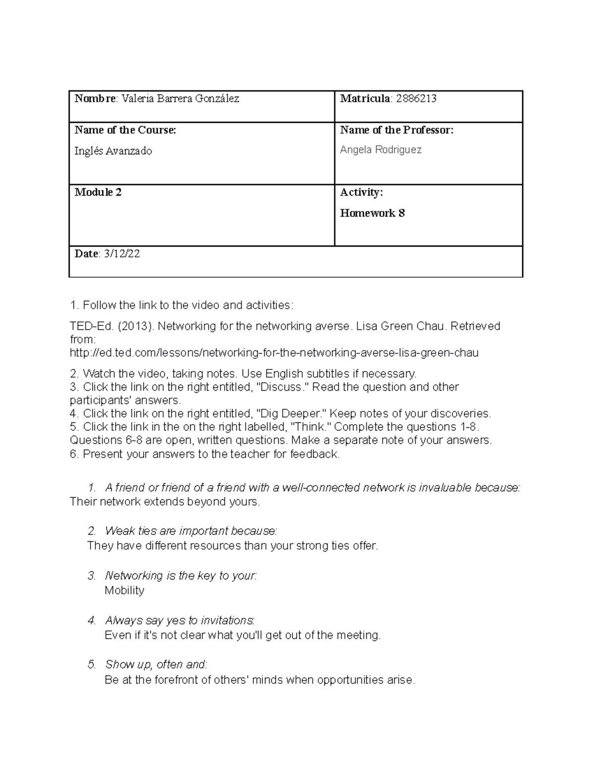 Homework 8 - Module 1 Inglés Avanzado - Tecmilenio - Nombre : Valeria ...