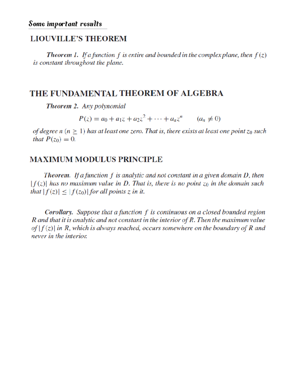 Complex 1 - Complex Analysis- 1 - Some important results - Studocu