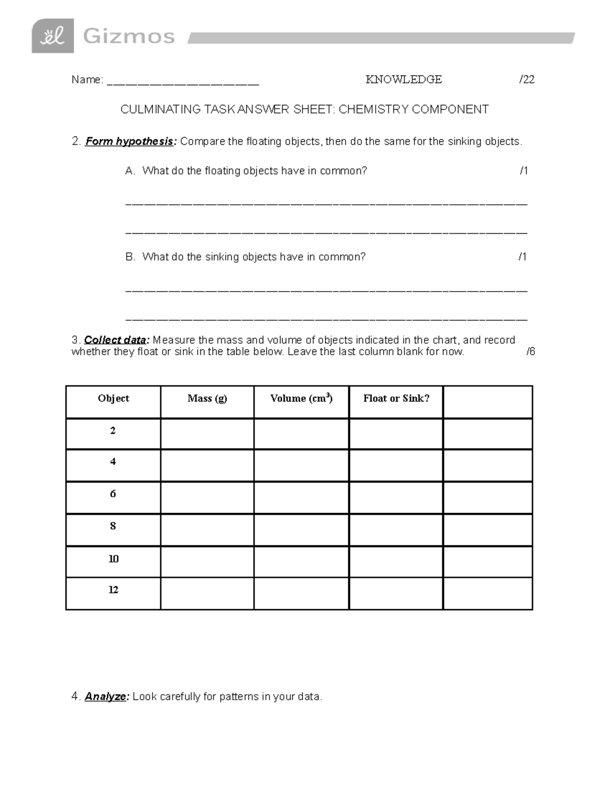 1D CPT Chem Answer Sheet - Name: _________________________ KNOWLEDGE ...