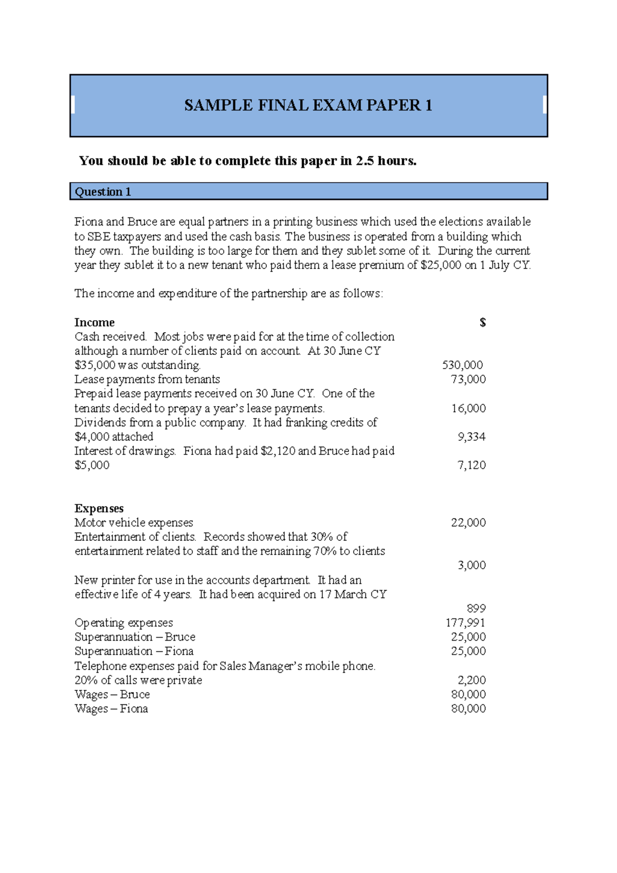 Sample Paper 1 SAMPLE FINAL EXAM PAPER 1 You should be able to