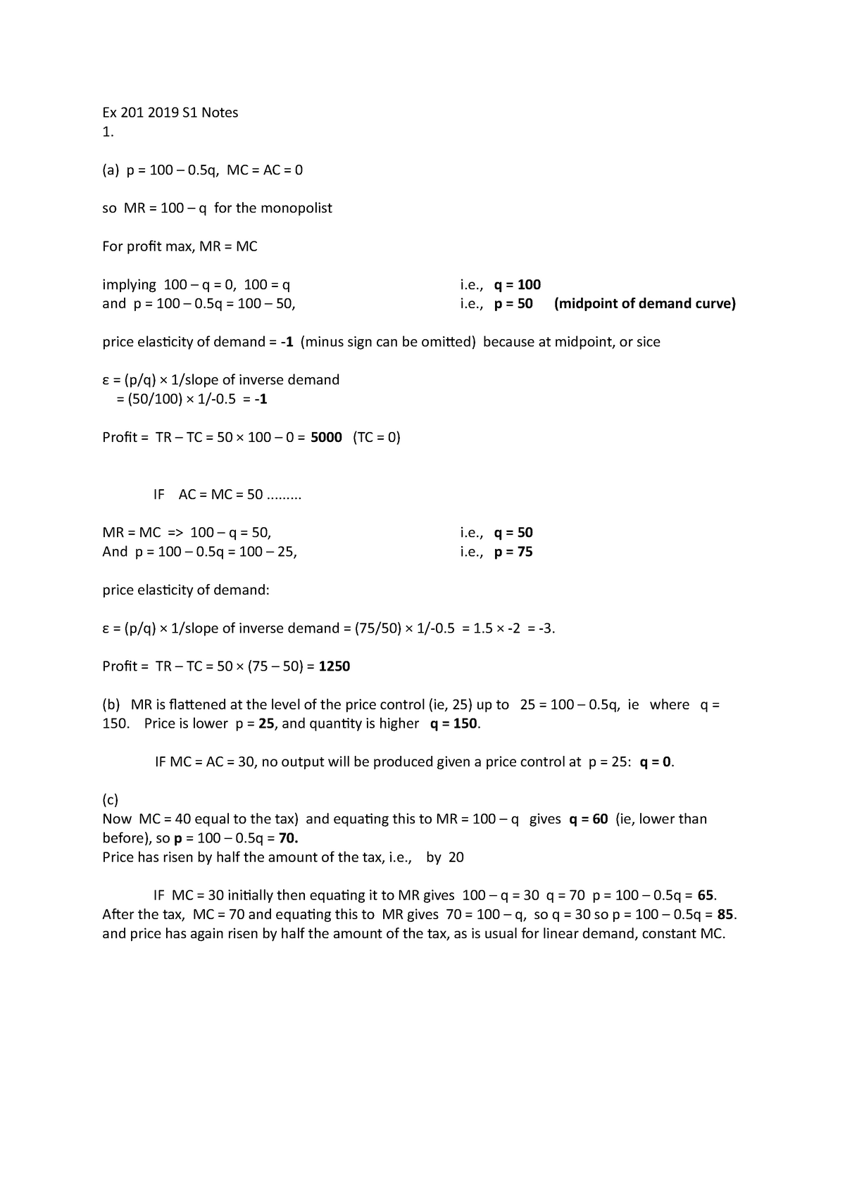 19 Semester 1 Exam Answers Ex 1 19 S1 Notes 1 A P 100 0 5q Mc Ac 0 So Mr 100 Studocu