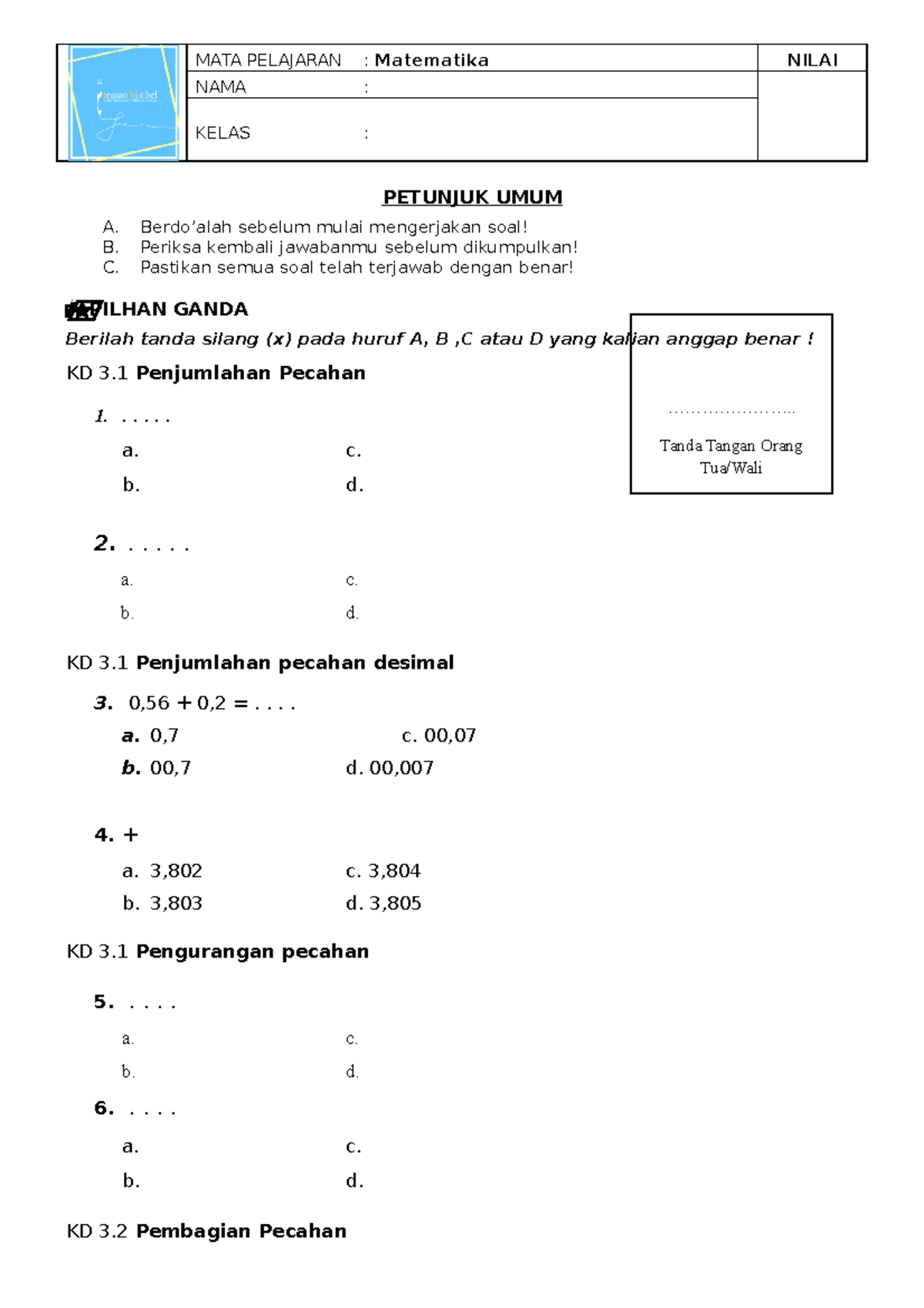 Soal MTK Kelas 5 Sm 1 - Asasasss - MATA PELAJARAN : Matematika NILAI ...