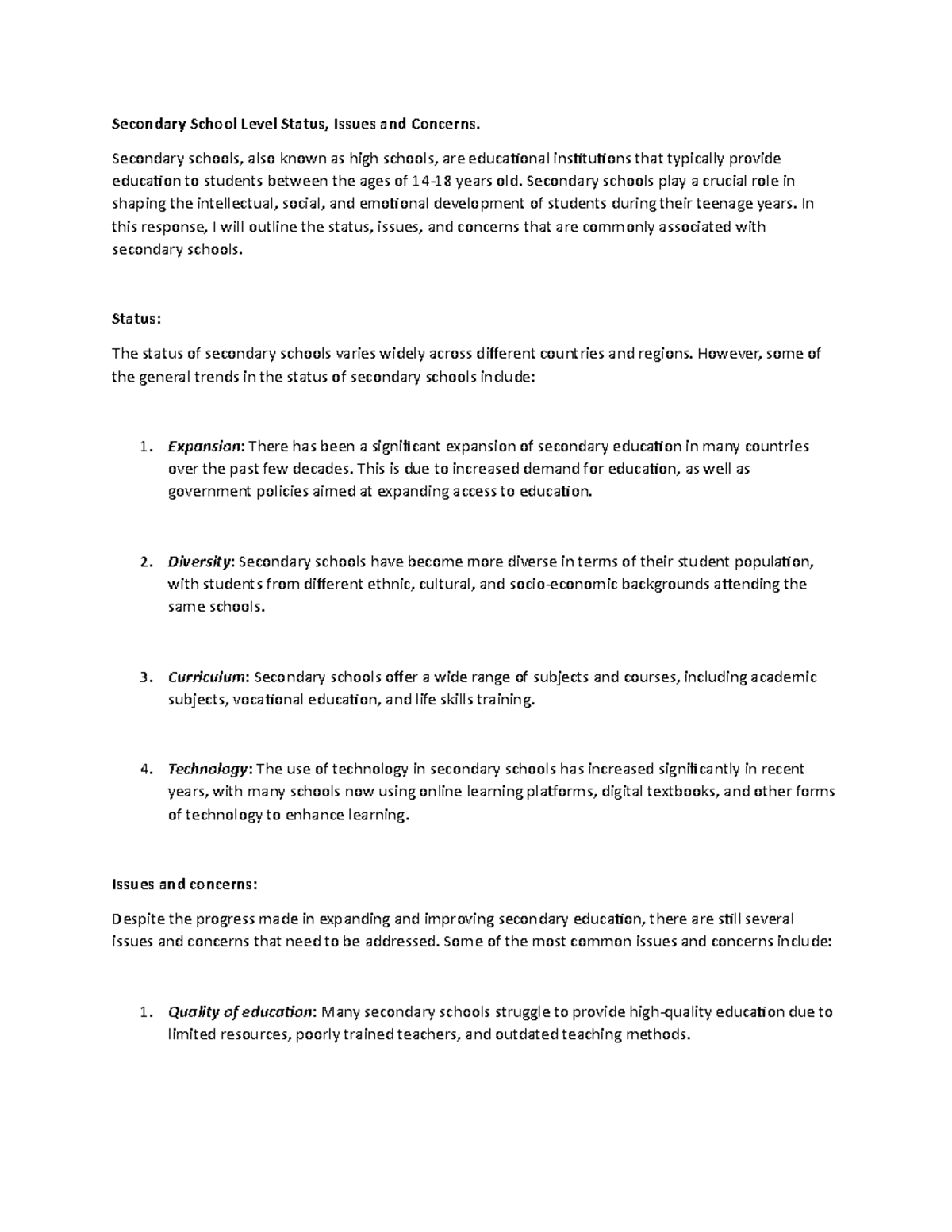 Secondary School Level Status Issues and Concerns - Secondary schools ...