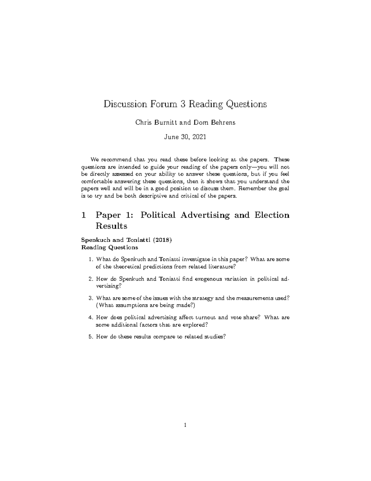 Paper Discussion 3 Reading Questions - Discussion Forum 3 Reading ...
