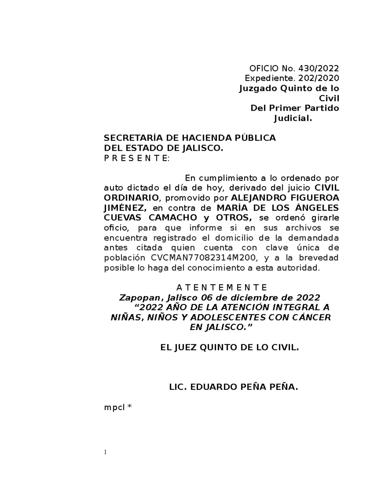 2022020 oficios de busqueda OFICIO No. 430/ Expediente. 202/ Juzgado