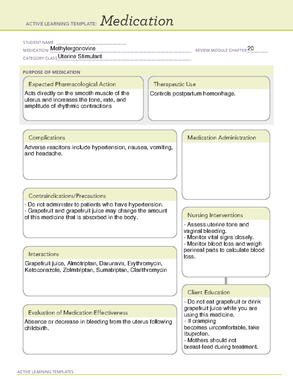 Medication Template - Methylergonovine - ACTIVE LEARNING TEMPLATES ...