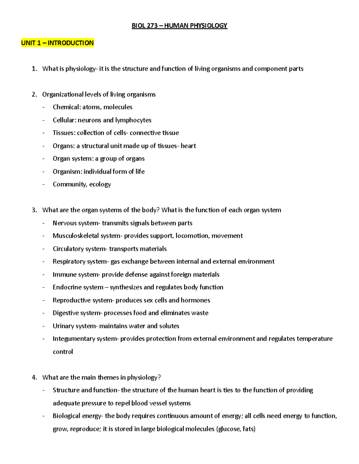 Biol 273 notes - BIOL 273 – HUMAN PHYSIOLOGY UNIT 1 – INTRODUCTION What ...