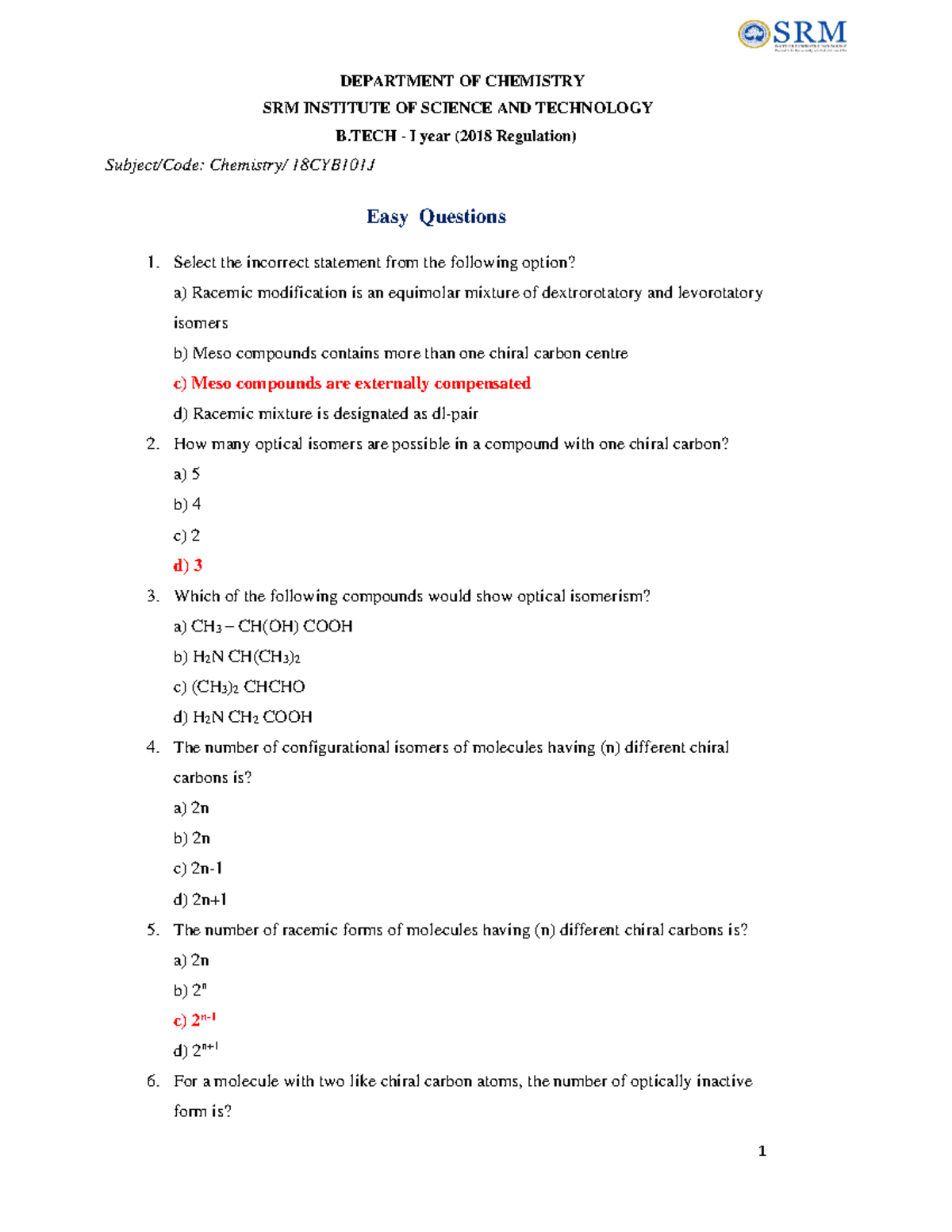 MCQ Chemistry 18CYB101J Part - 1 - SRM INSTITUTE OF SCIENCE AND ...