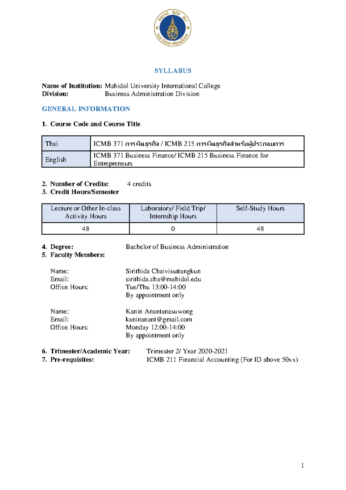 Syllabus Icmb371 2 2020 Syllabus Name Of Institution Mahidol University International College 8728