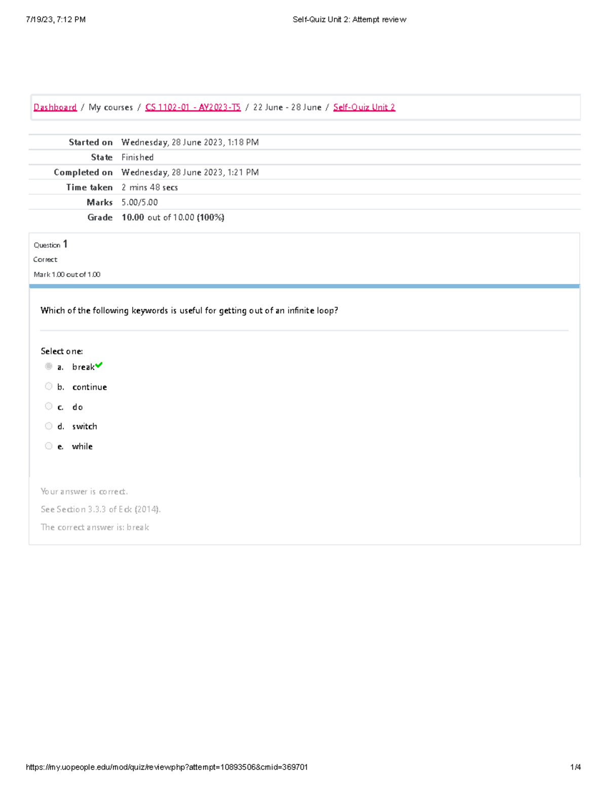 CS 1102 Self-Quiz Unit 2 Review - Started On Wednesday, 28 June 2023, 1 ...