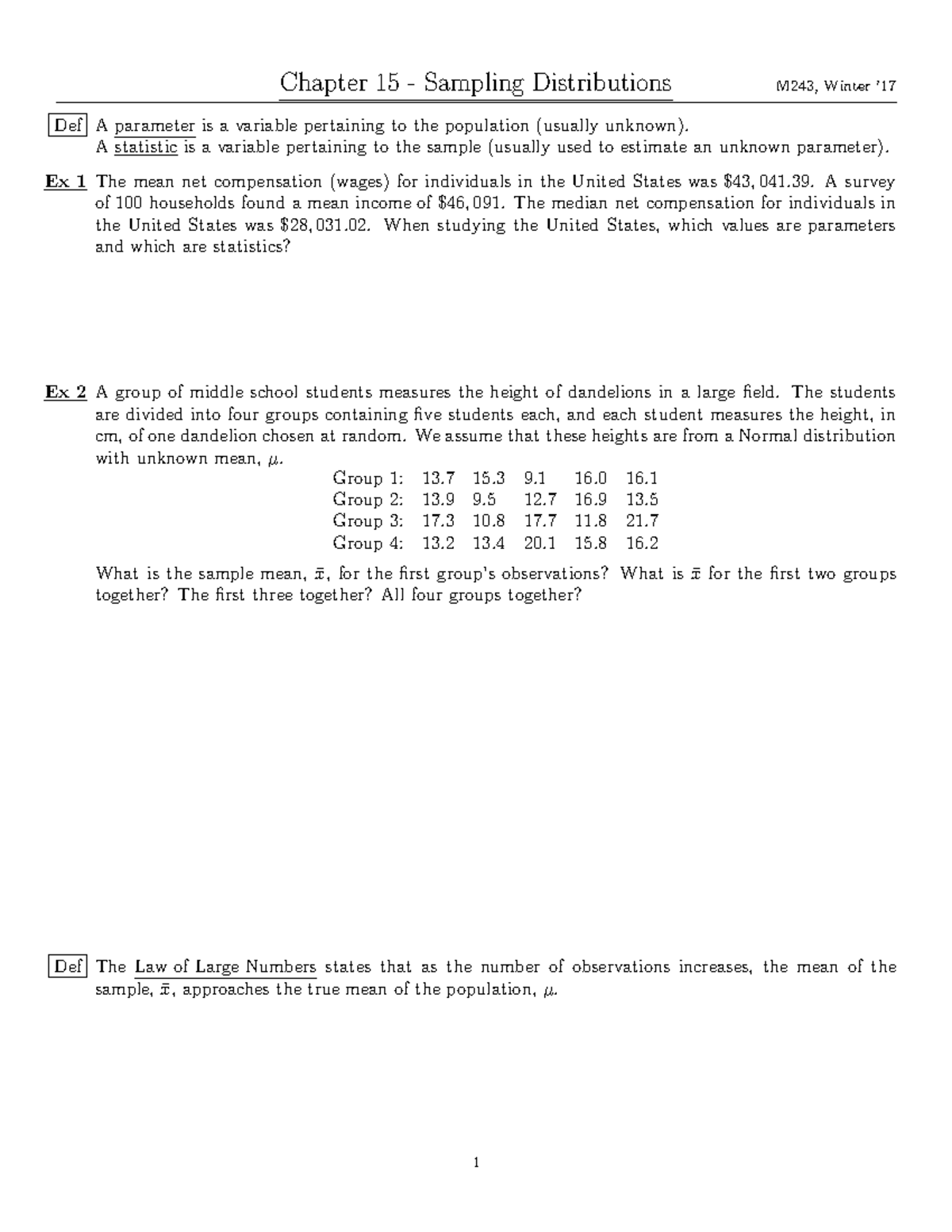 Ch 15 Handout (M243, Winter '17) - Chapter 15 Sampling Distributions ...