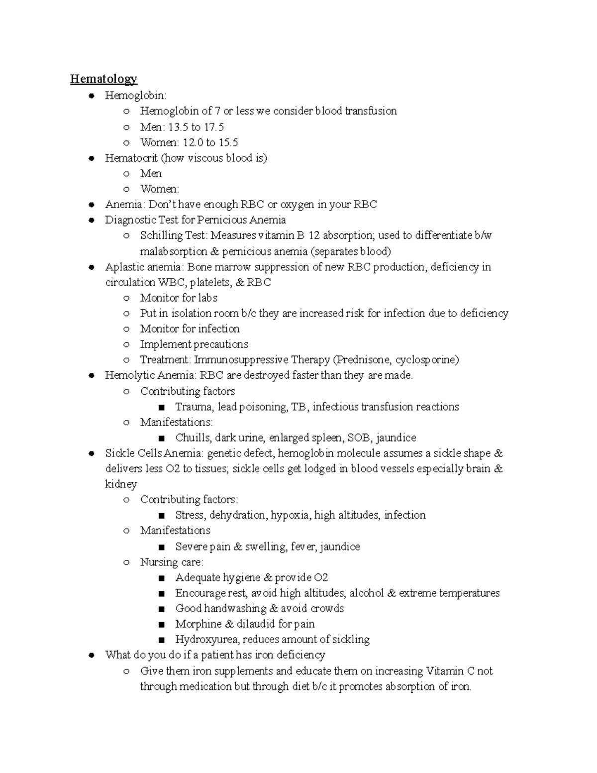 Med Surg II Exam Review 2 - Hematology Hemoglobin: Hemoglobin of 7 or ...