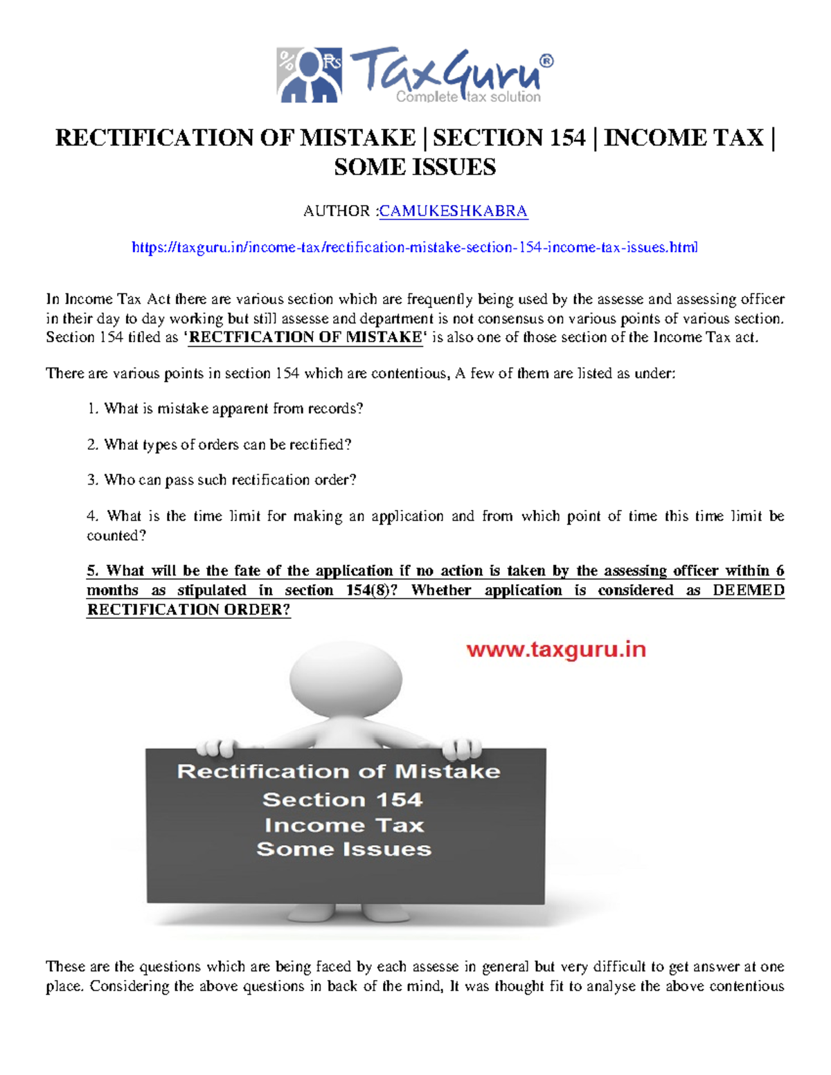 Rectification of Mistake Section 154 Income Tax Some Issues- taxguru ...