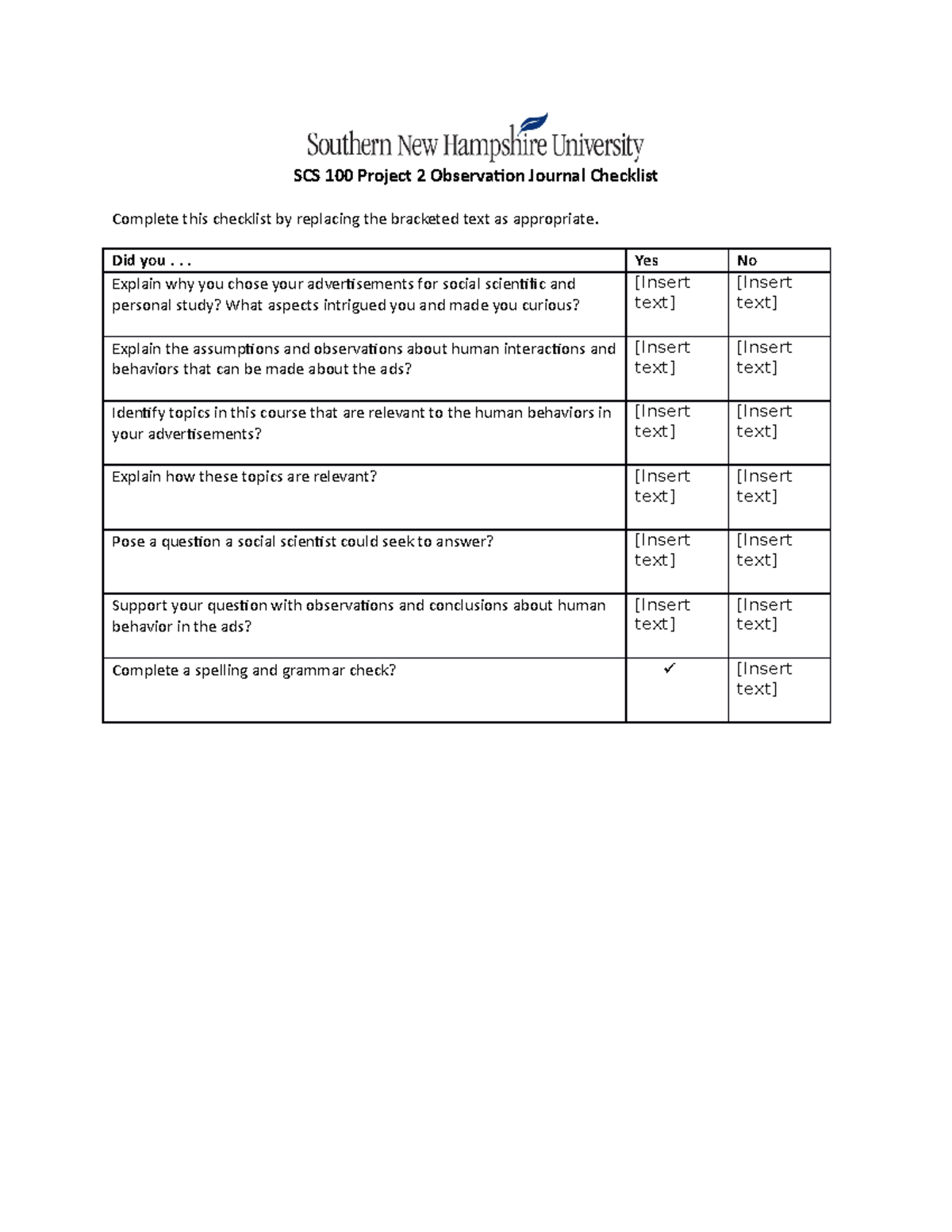 SCS 100 Project 2 Observation Journal Checklist - SCS 100 Project 2 ...