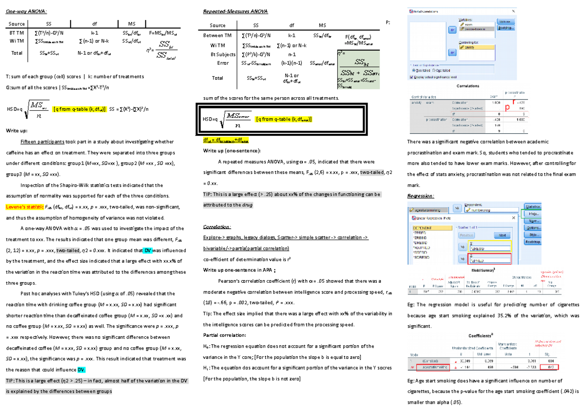 Cheat sheet-for SPSS2 - One-way ANOVA: T: sum of each group (cell ...