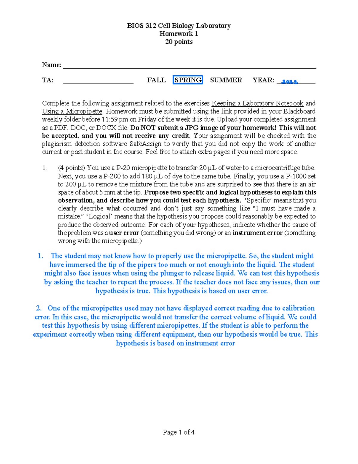 Homework 1 Cell Biology Lab - Homework 1 20 points Name: - Studocu