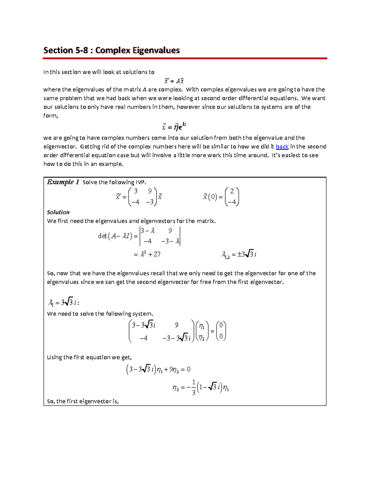 DE Complex Eigenvalues - Section 5-8 : Complex Eigenvalues In this ...