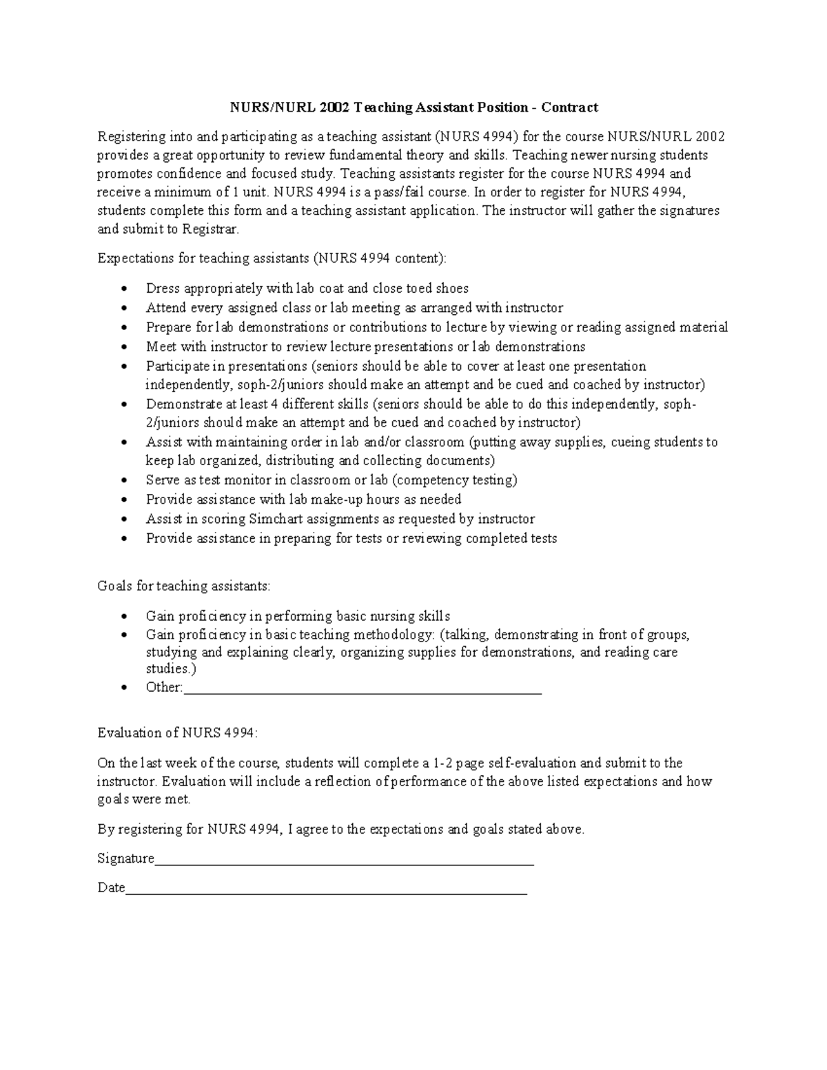 NURS 4994 TA Contract - For being a TA - NURS/NURL 2002 Teaching ...