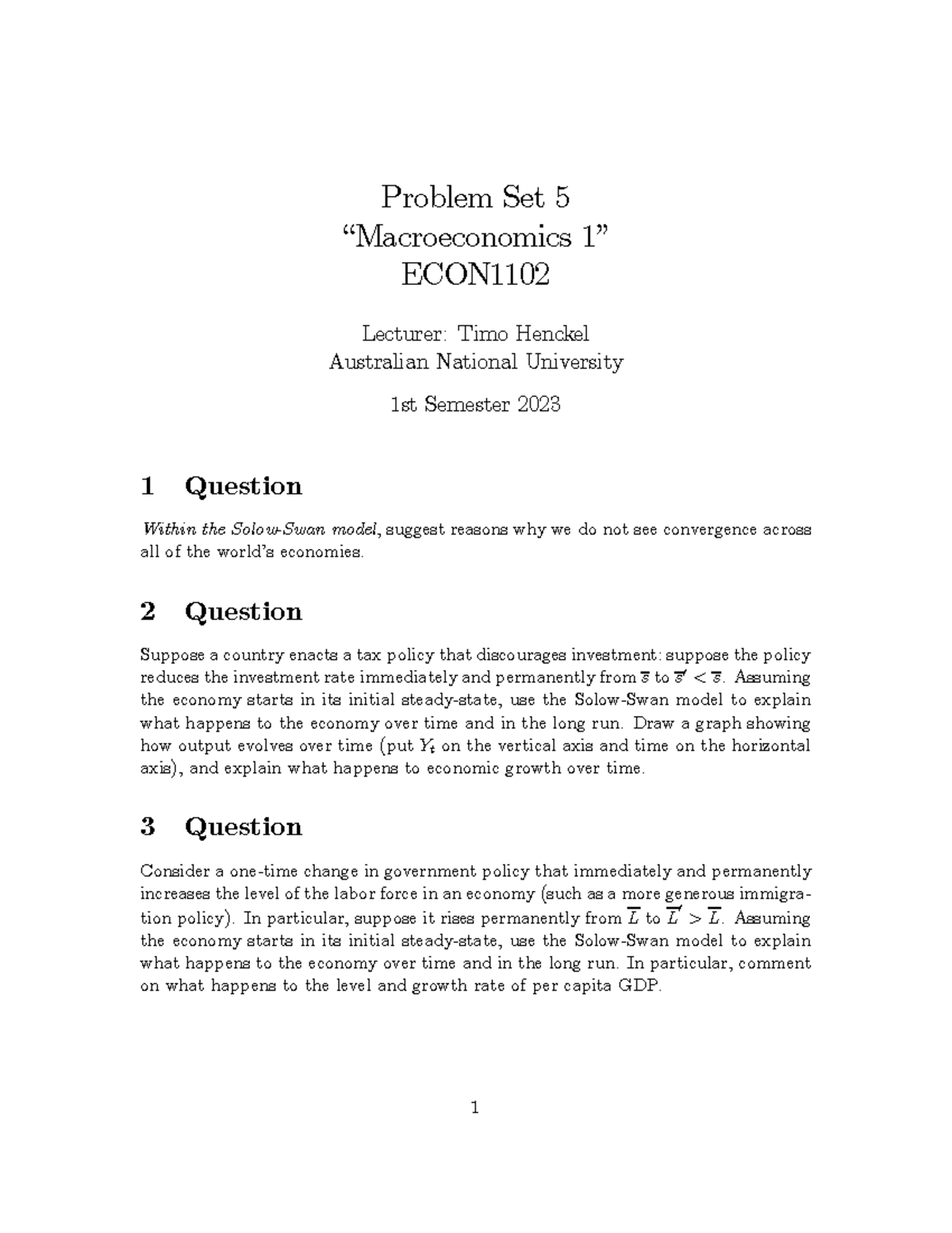 Macro set 5 - tutorial questions - Problem Set 5 “Macroeconomics 1 ...