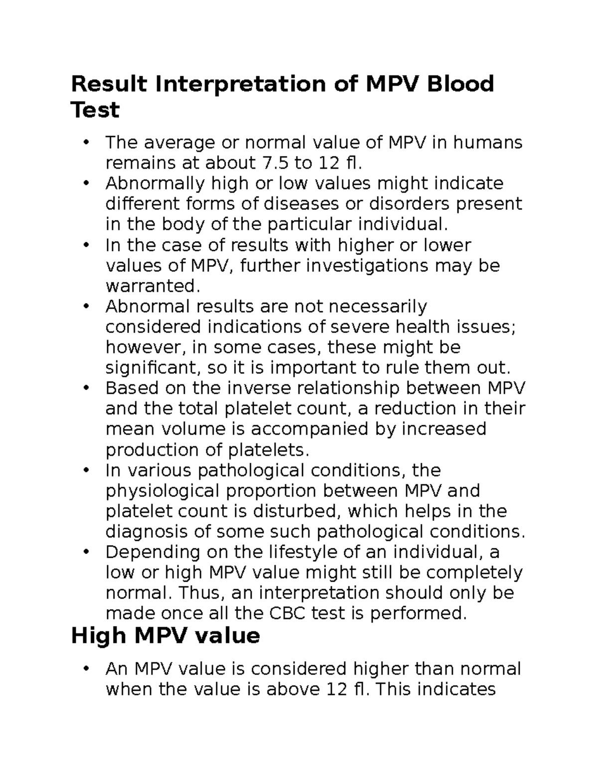 Bio 60 Notes Result Interpretation of MPV Blood Test The average or