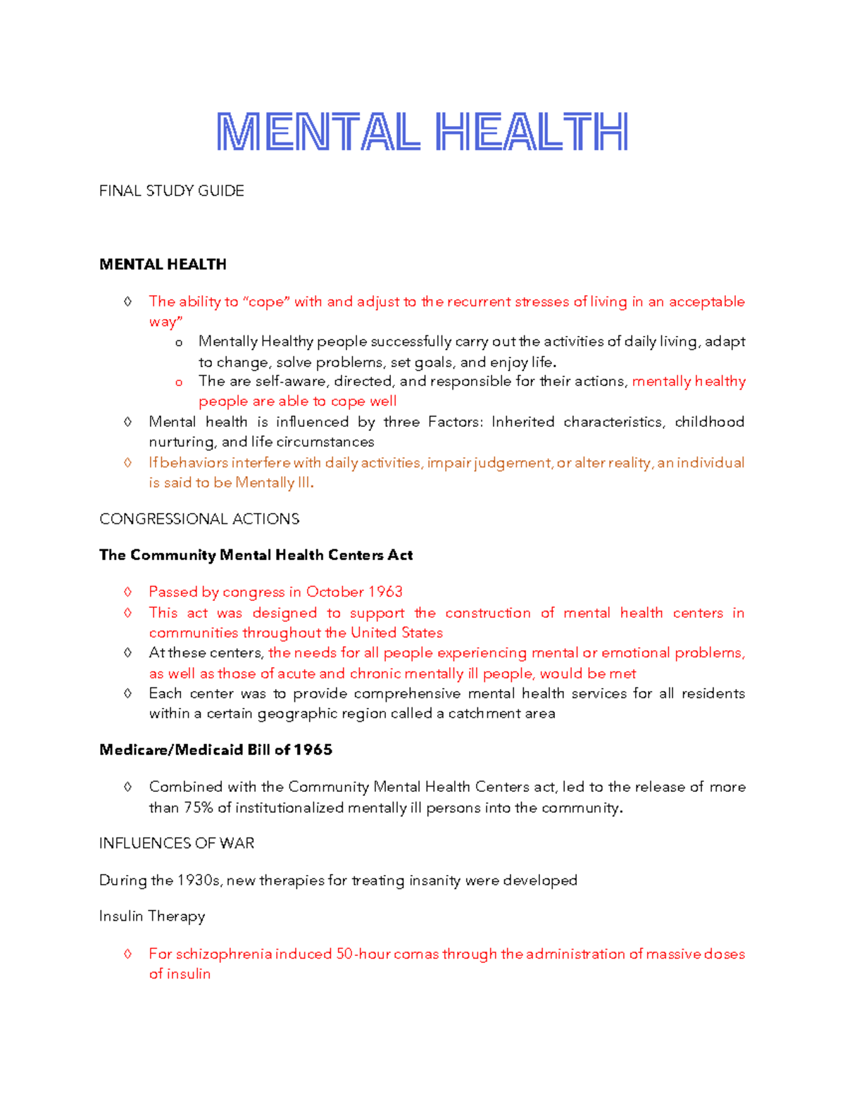 Mental health final study guide - MENTAL HEALTH FINAL STUDY GUIDE ...