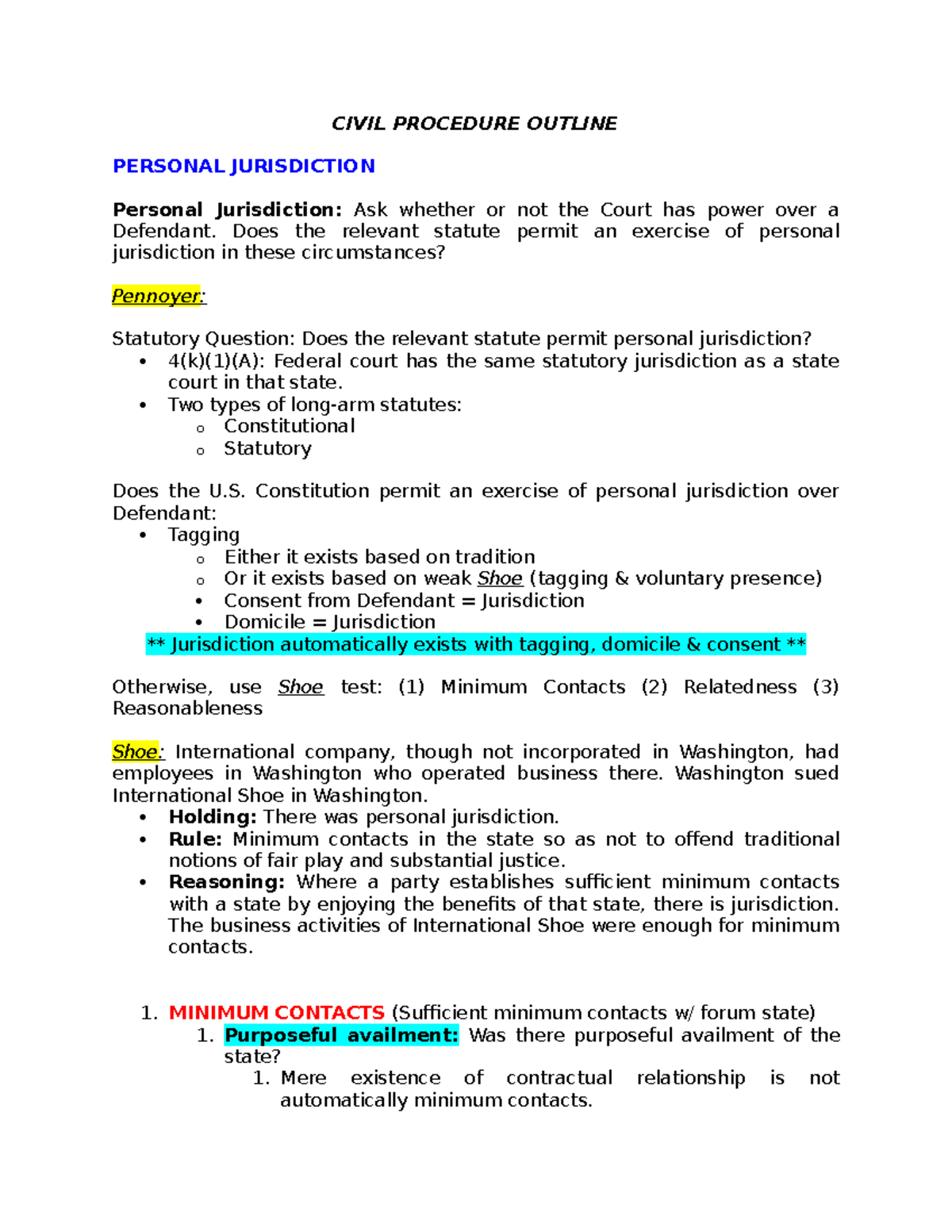 Civ Pro Outline - CIVIL PROCEDURE OUTLINE PERSONAL JURISDICTION ...