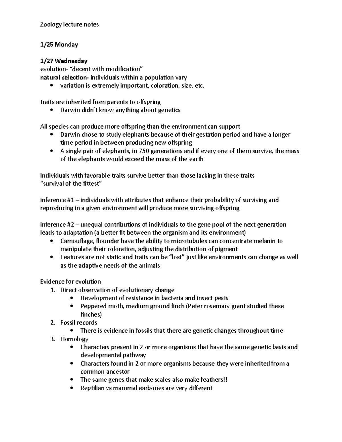 Zoology notes - 1/25 Monday 1/27 Wednesday evolution- “decent with ...