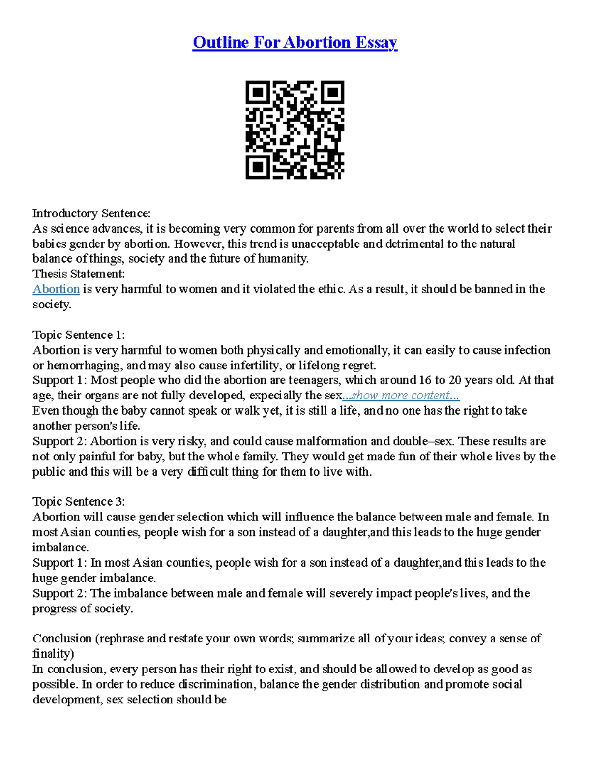 Essay Of Abortion - Outline For Abortion Essay Introductory Sentence ...