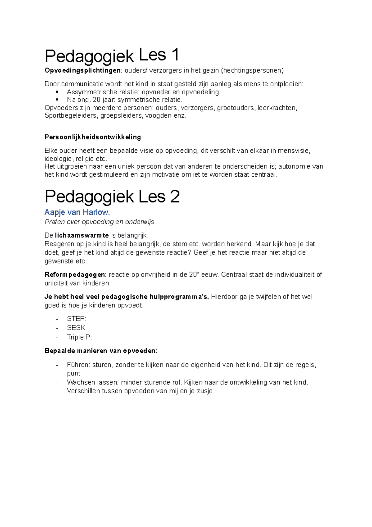 Pedagogiek Alle Lessen - Pedagogiek Les 1 Opvoedingsplichtingen ...