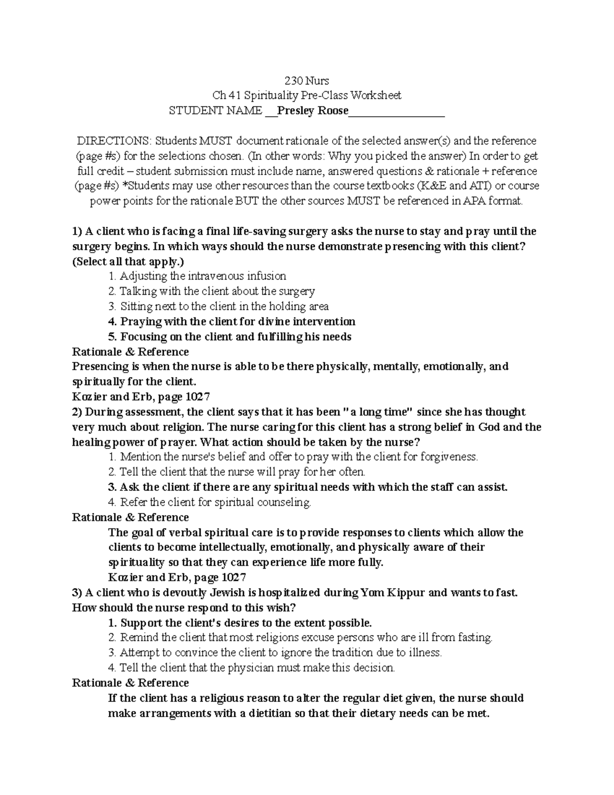 CH 41 Spirituality Pre Class Worksheet - 230 Nurs Ch 41 Spirituality ...