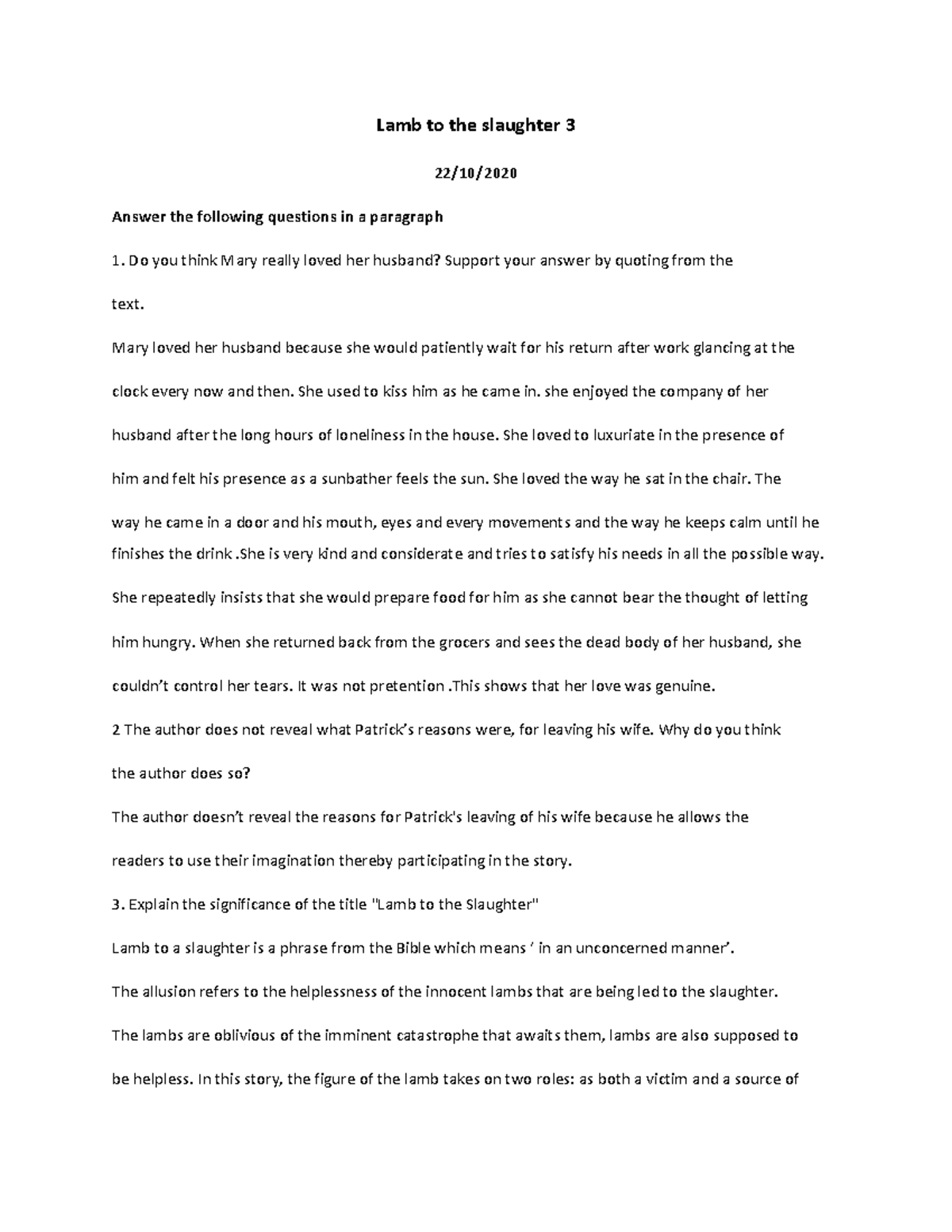 Lamb to the slaughter 3 oct 22 Lamb to the slaughter 3 22 /10/ Answer