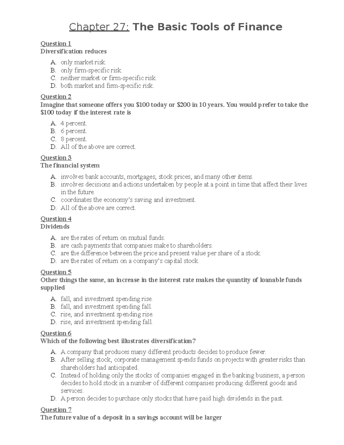Quiz #5 Chapter 27. The Basic Tools of Finance - Chapter 27 : The Basic ...