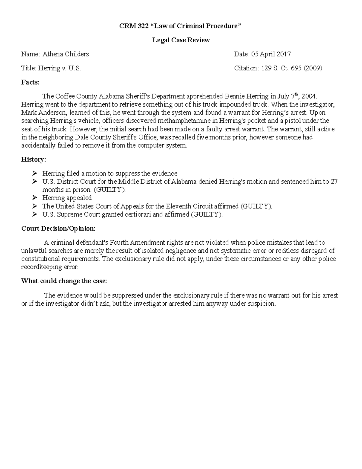 Case Review Chapter 10 Herring v. US CRM 322 “Law of Criminal Procedure” Legal Case Review