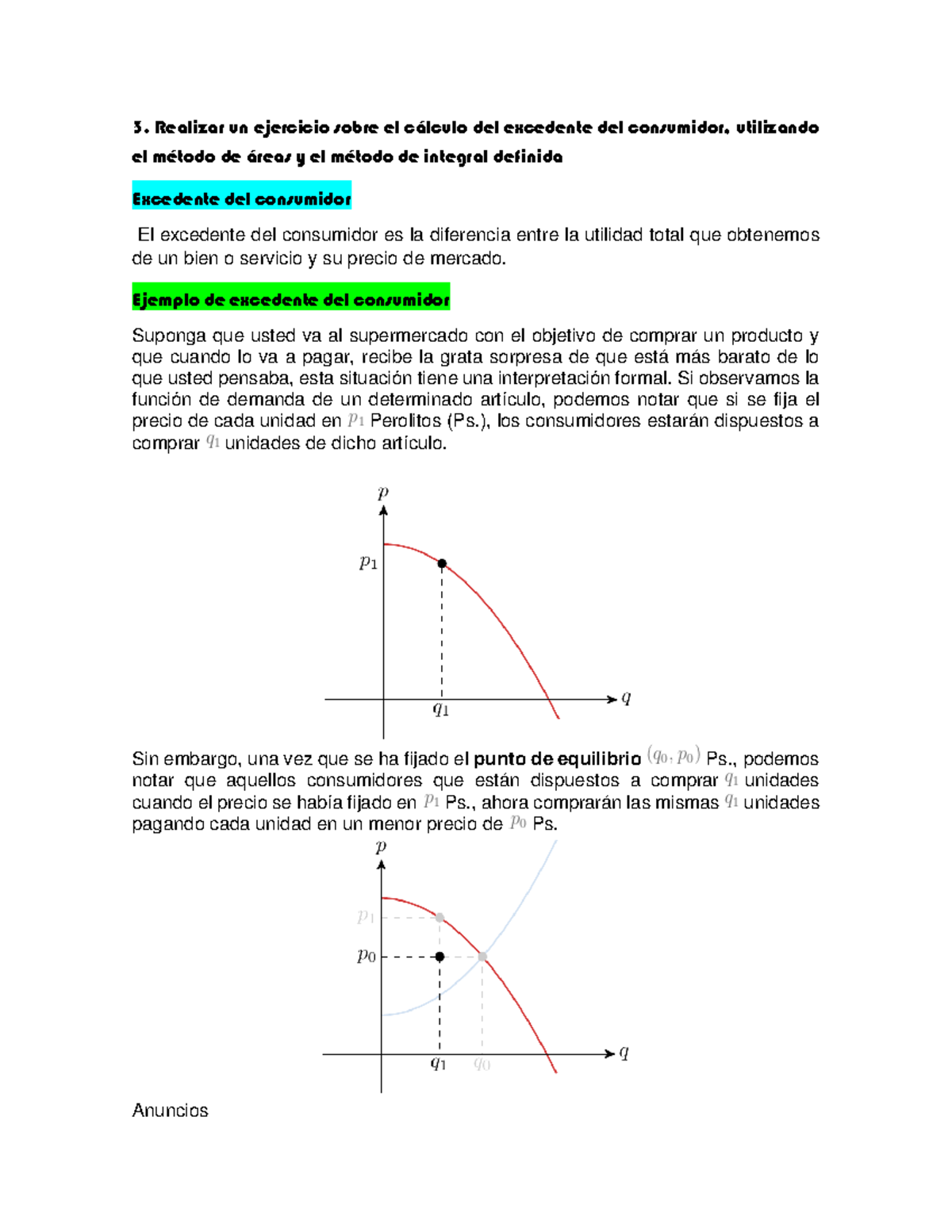 3. Realizar un ejercicio sobre el calculo del excedente del consumidor ...
