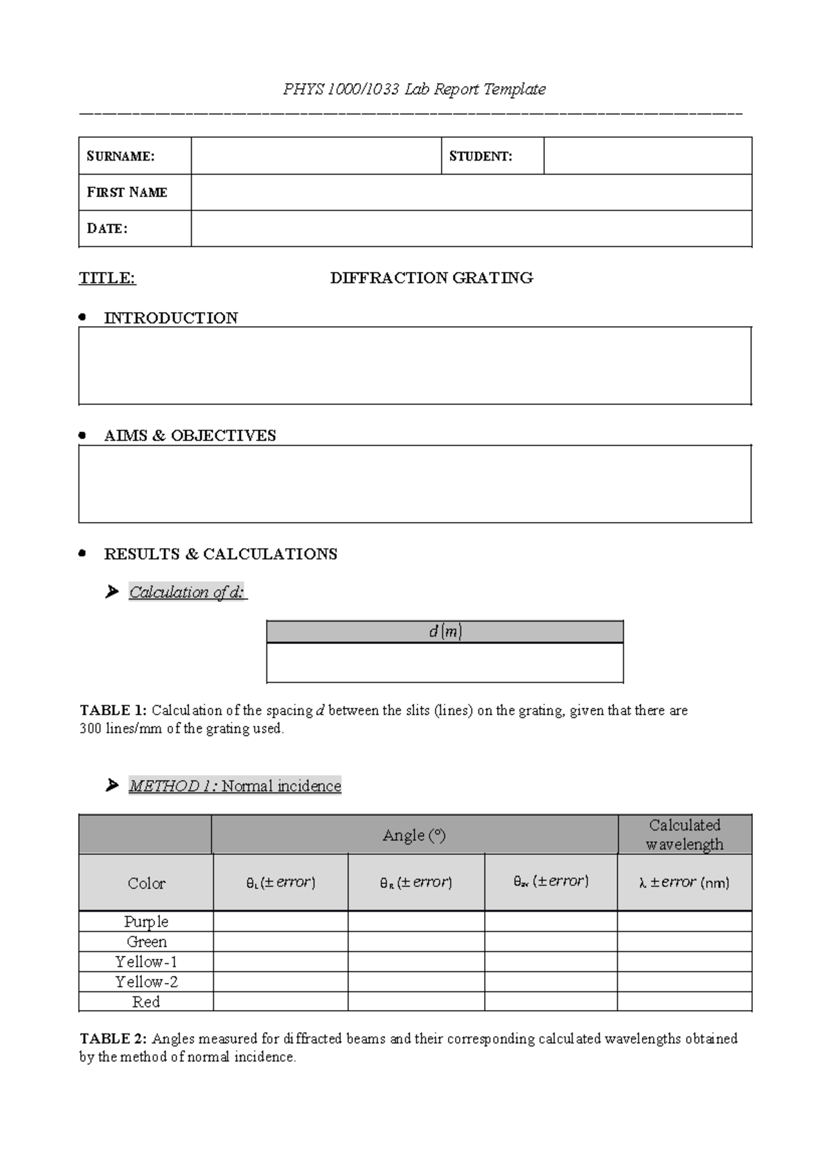 Exp08 Diffraction Grating Lab Report Template PHYS 1000/1033 Lab