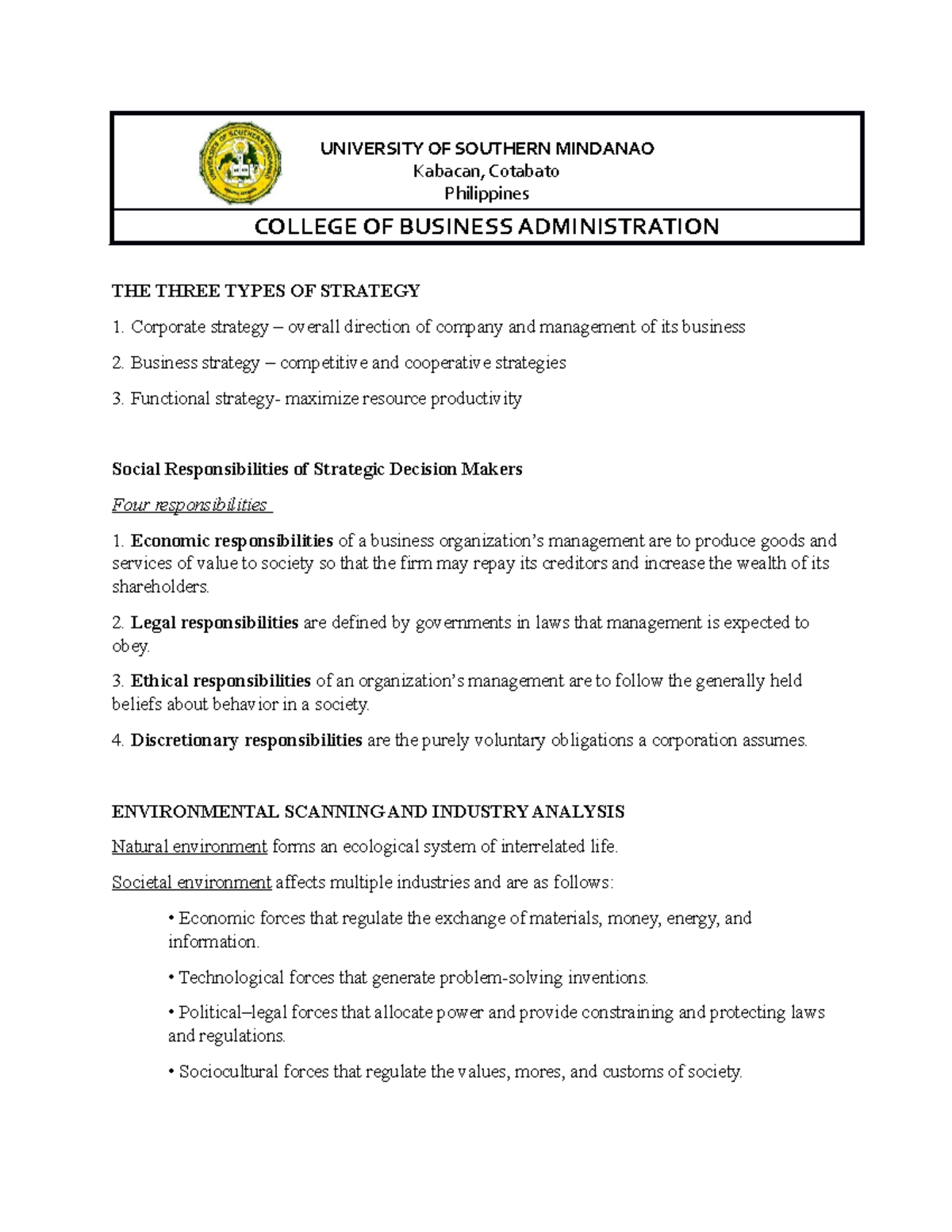 Lecture Notes ON Strategic Management 1 - UNIVERSITY OF SOUTHERN ...
