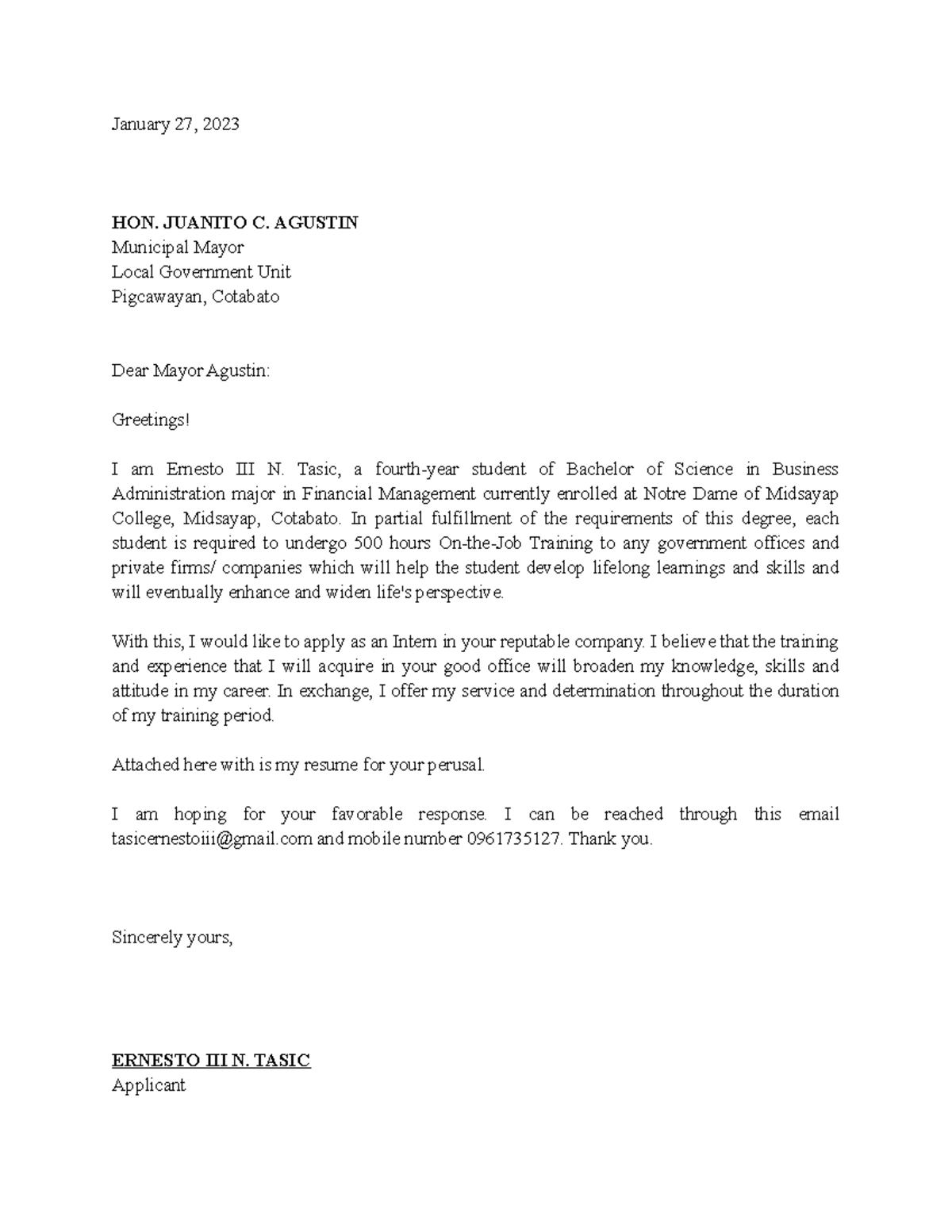 Tasic application letter new - January 27, 2023 HON. JUANITO C. AGUSTIN ...