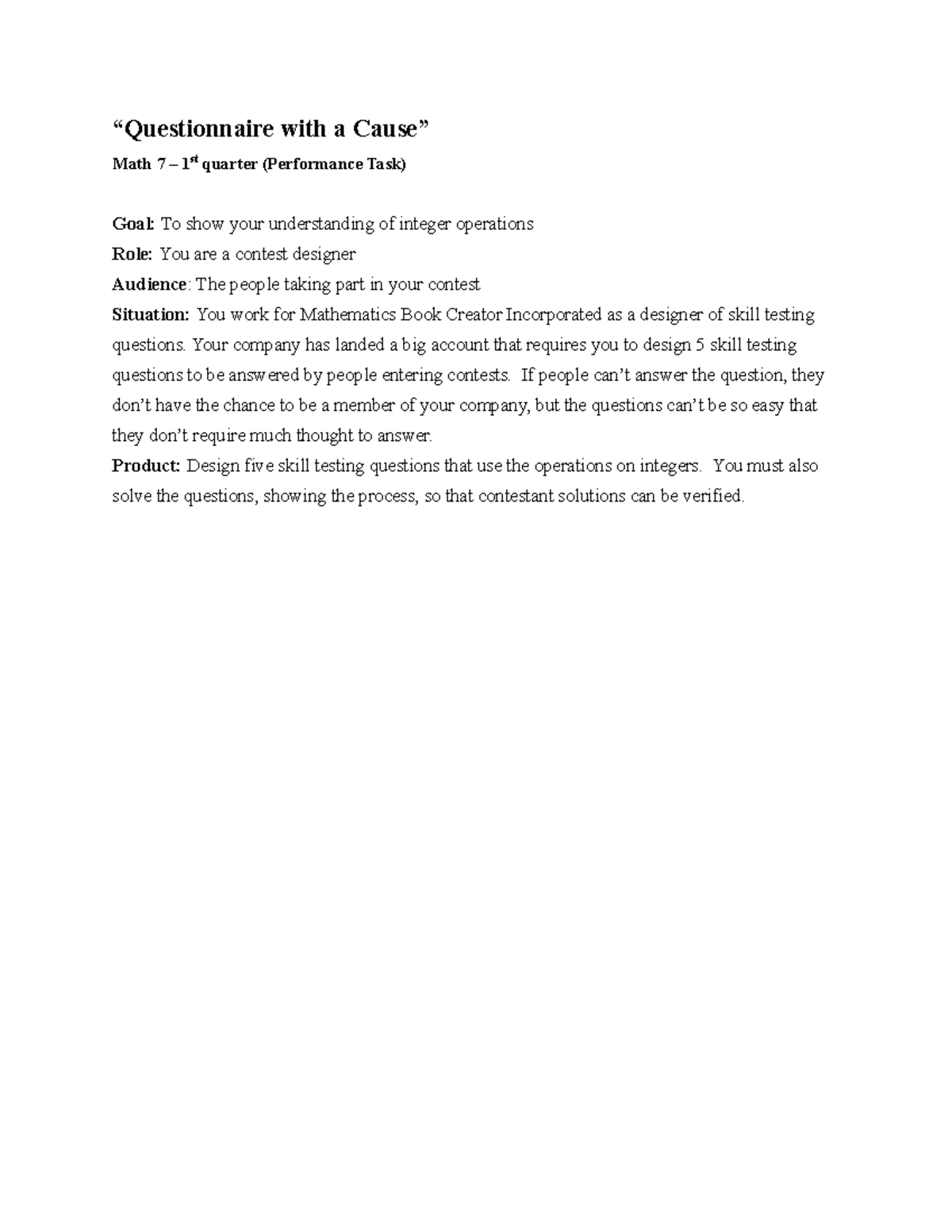Pt math 7 performance task in math 7 questionnaire with a cause
